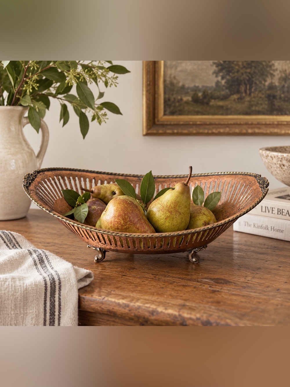 Vintage Copper Tone Footed Fruit Bowl Ornate Metal Basket Decor